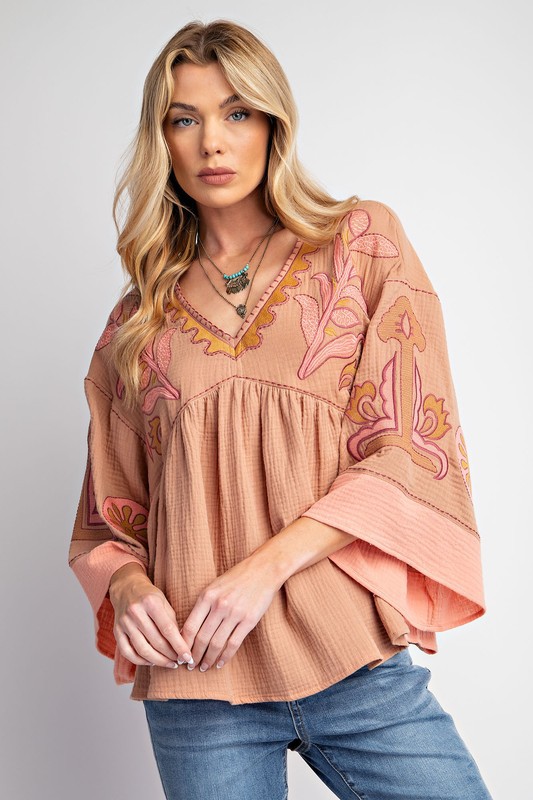 Women's Elegant V-Neck Patchwork Flared Sleeve Colorblock Loose Top