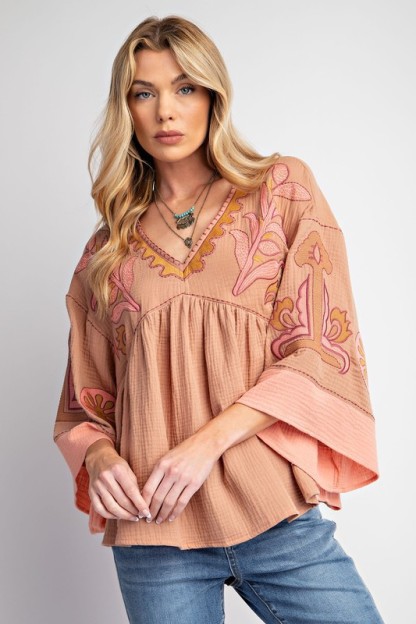 Women's Elegant V-Neck Patchwork Flared Sleeve Colorblock Loose Top