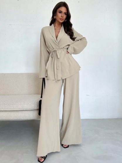 V-neck Elegant Long-Sleeve Wide-Leg Pantsuit