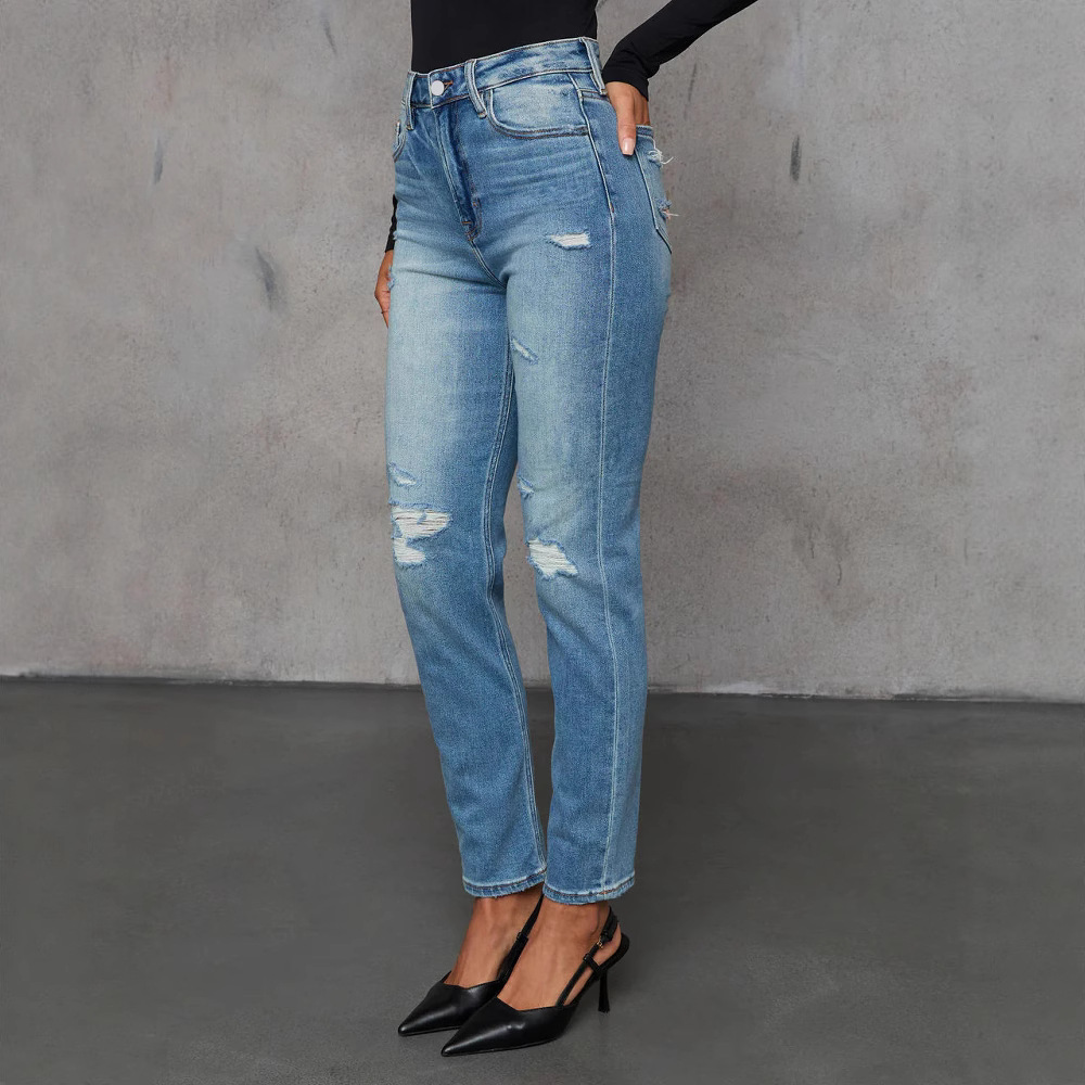 Women's Stretch Elegant Straight-Leg Jeans – Washed & Distressed Fashion Denim for Office & Casual Wear