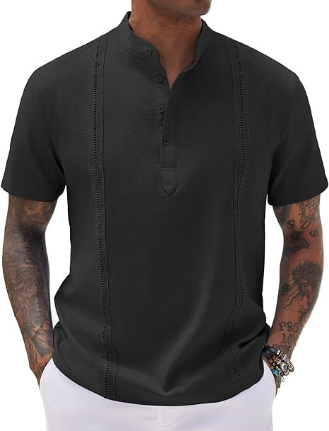 Men’s Fashion Stand-Collar Cotton–Linen Solid-Patch Shirt