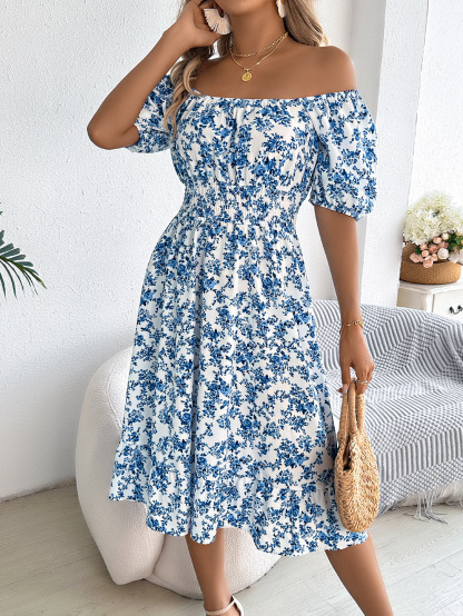 Women's Summer Square Neck Ruffle Puff Sleeve Boho Elastic Waist Smocked Flowy A Line Midi Dresses
