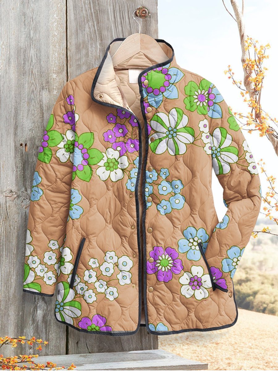 Women's Vintage Lovely Floral Art Print Casual Quilted Cardigan