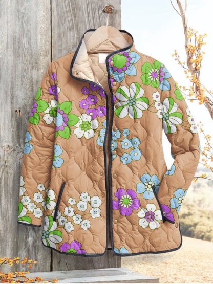 Women's Vintage Lovely Floral Art Print Casual Quilted Cardigan