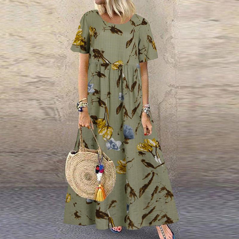 Women's Vintage Print Casual Summer Short Sleeve O-neck Thin Dresses