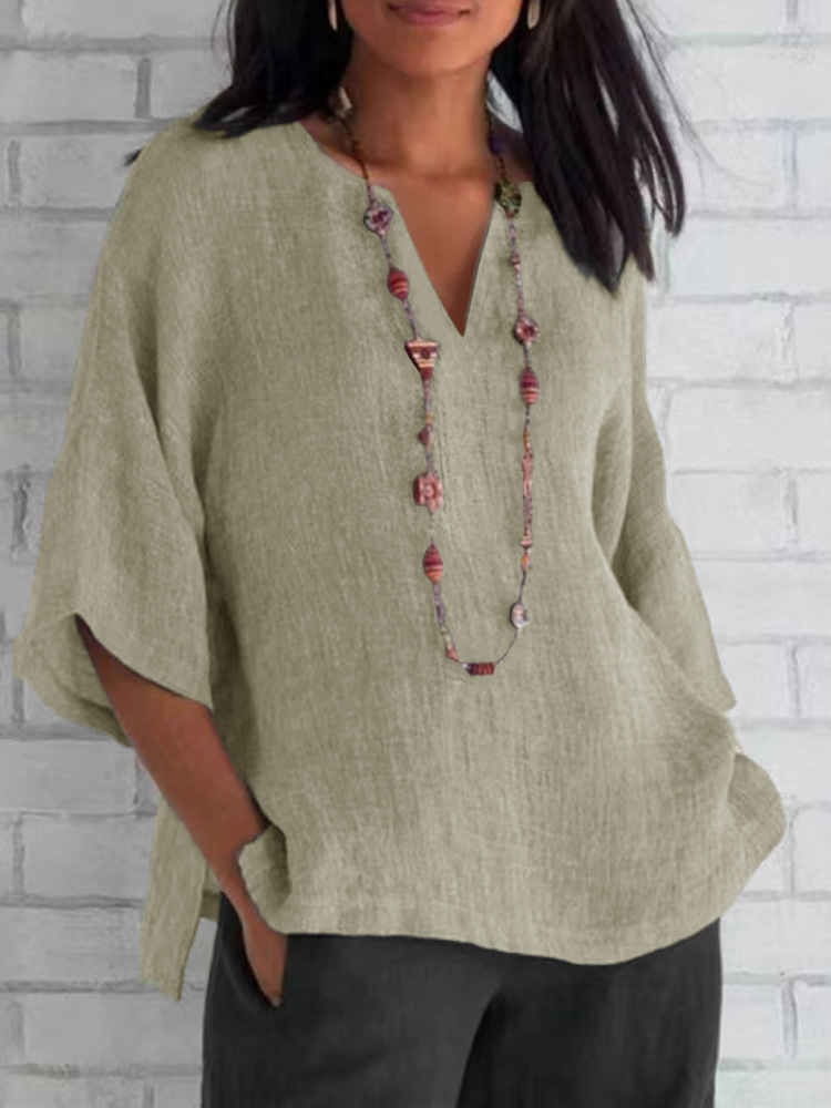 Women's Casual Cotton-Linen Loose V-Neck Shirt