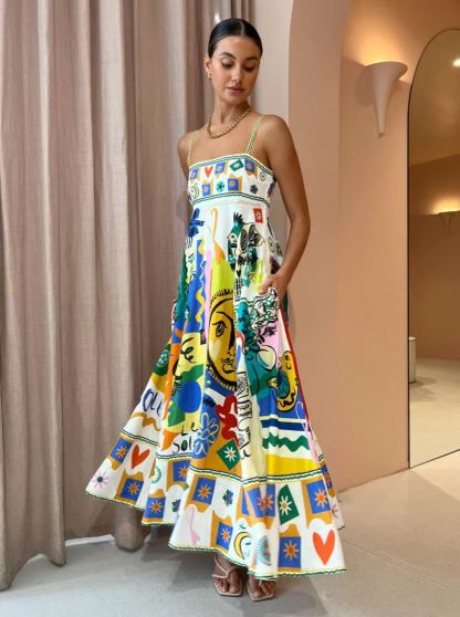 Women's Elegant Floral Spaghetti Strap Flowy Dress