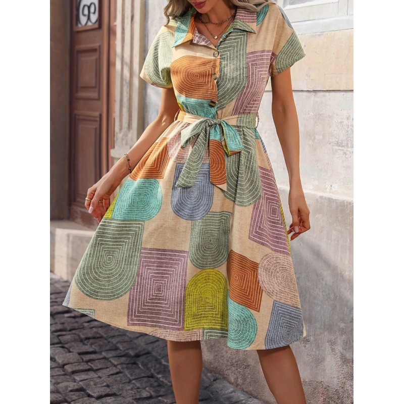 Printed Collared Neck Tie Waist Dress