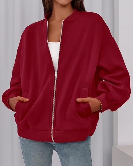 Women's Casual Zip-Up Jacket – Solid Color, Warm, Baseball Collar Design
