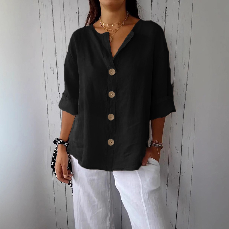 2025 Summer Women's Cotton Linen Roll-Up Sleeve Shirts