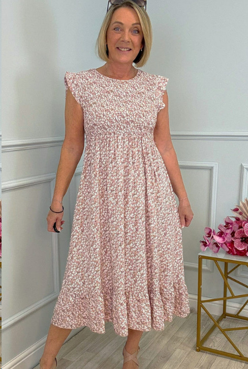 Women's Elegant Floral Print High-Waisted Ruffle Cap Sleeve Cotton  Dress