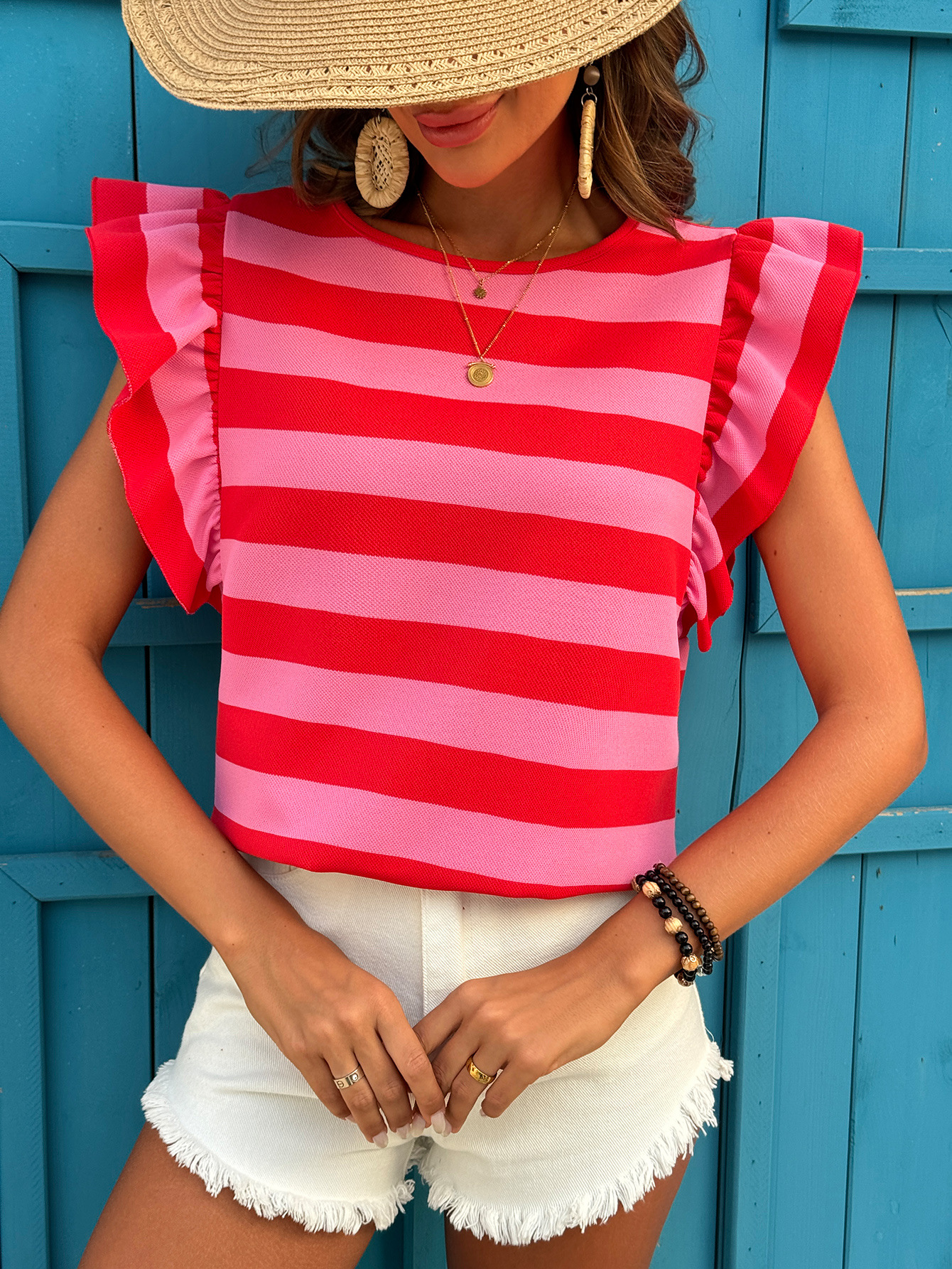 Women's Fashion Striped Short-Sleeve Ruffled Top