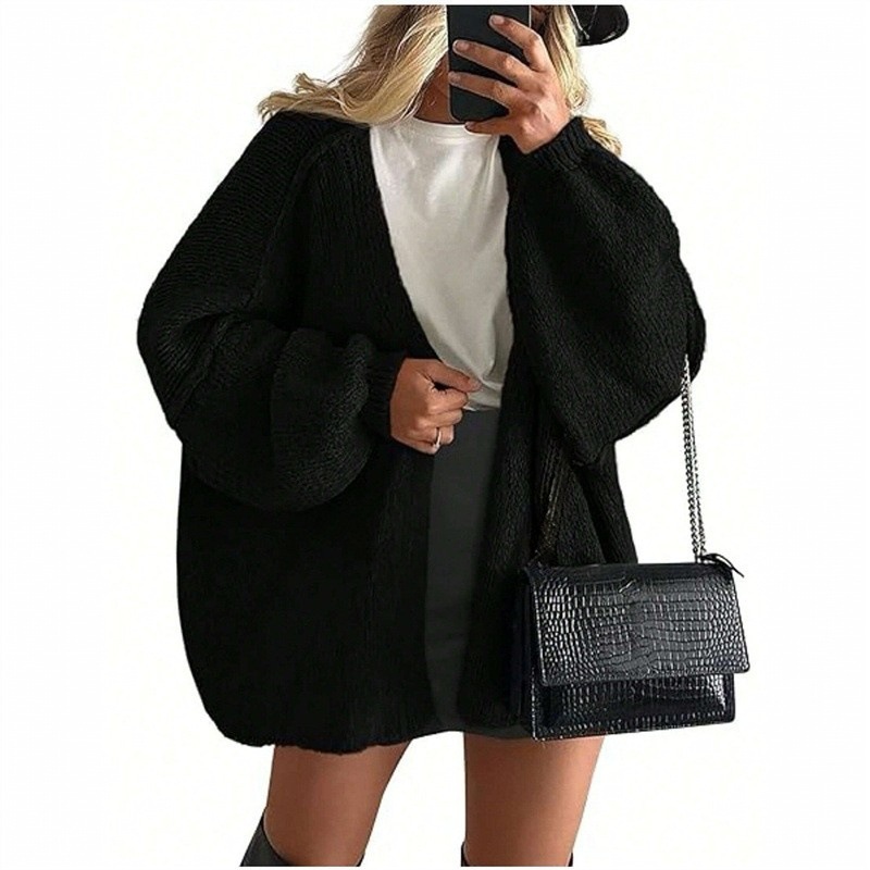 Women’s Oversized Knit Cardigan – 2025 Fall Long Lantern Sleeve Open-Front Sweater