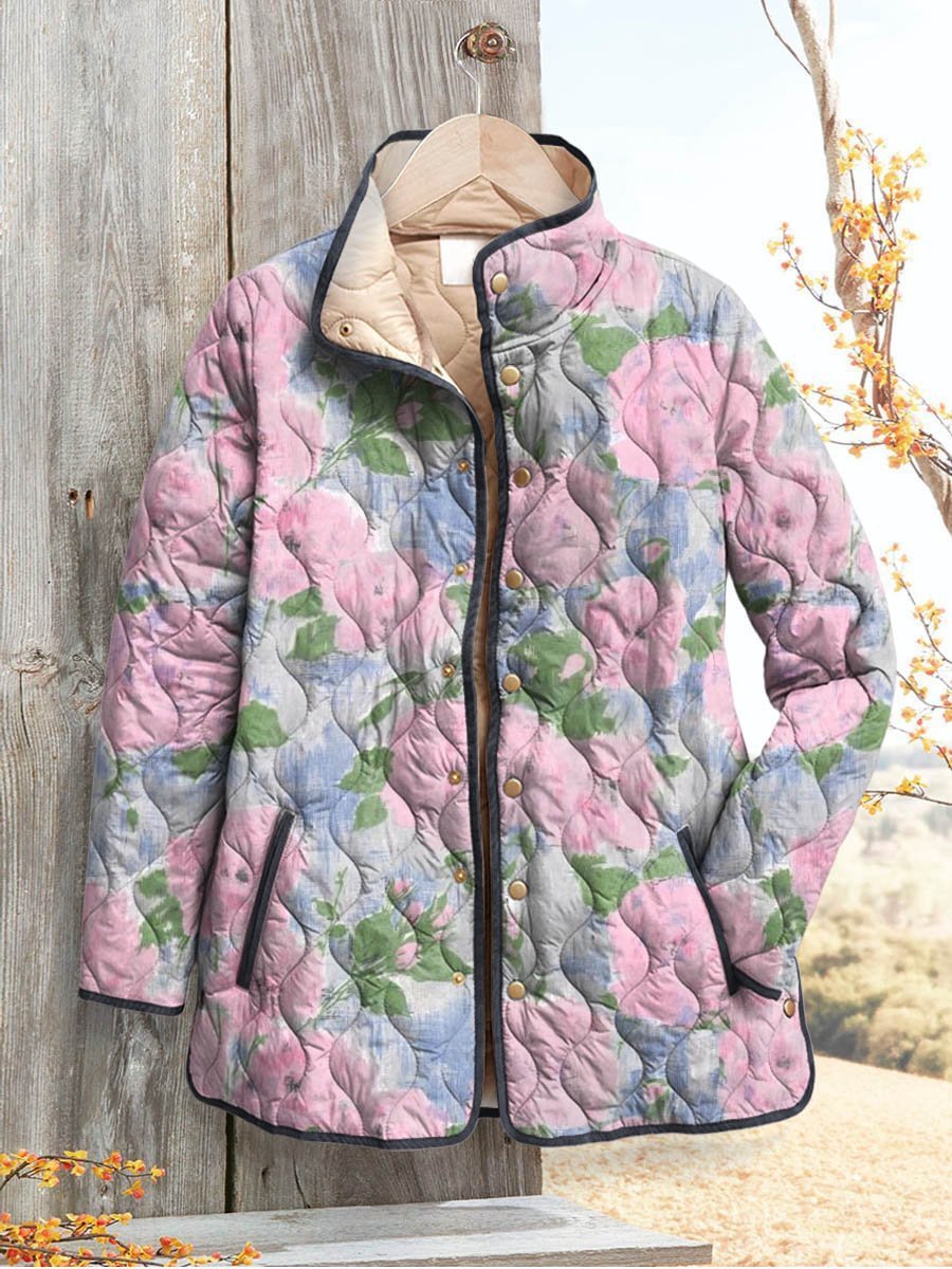 Women's Vintage Lovely Floral Art Print Casual Quilted Cardigan