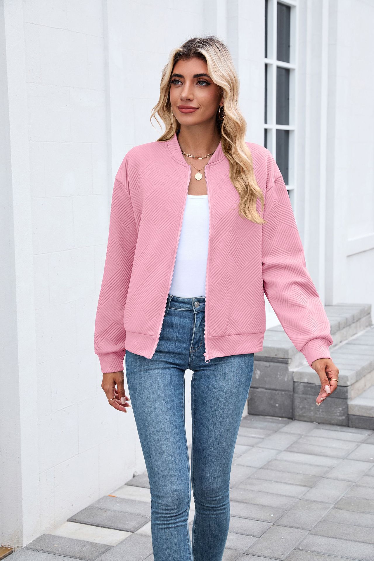 New solid color round neck zipper loose long sleeve sweatshirt baseball jacket