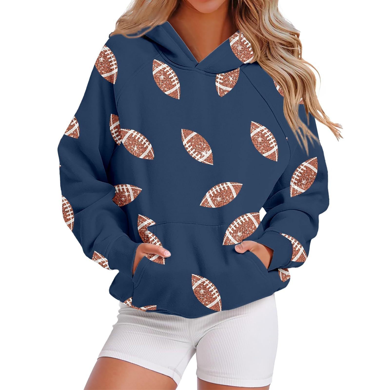 Women’s Sequin Football Hoodie – Long Sleeve Pullover with Pockets, Game Day Graphic Sweatshirt