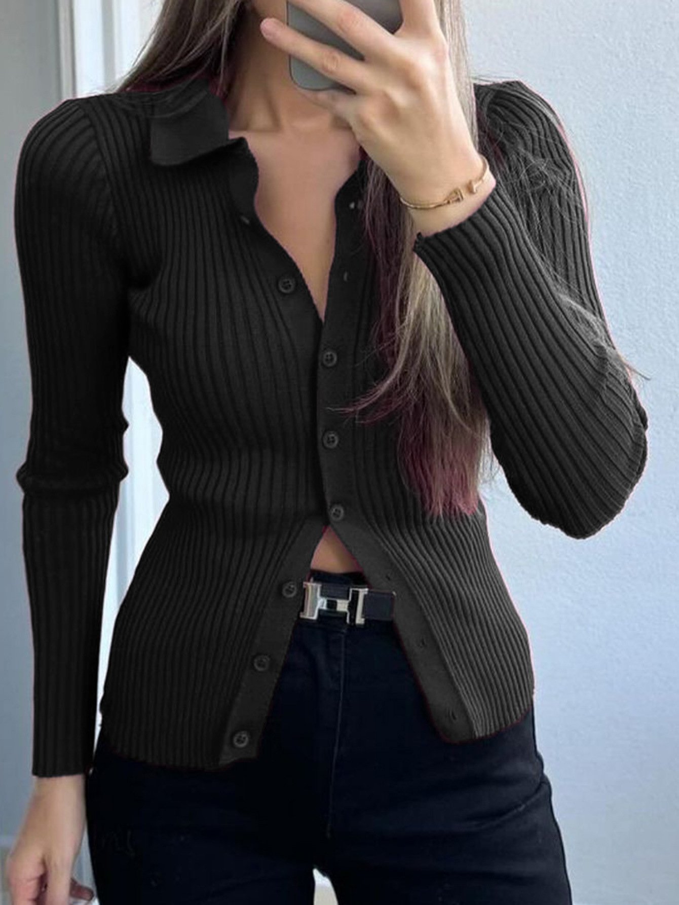 Women's Elegant Solid Color Long Sleeve Knitted Stretch Shirt