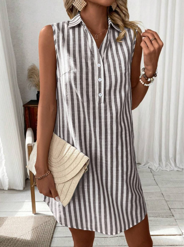 Women's Vintage Striped Button Sleeveless Cotton And Linen Dress