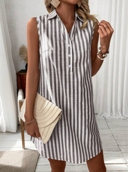 Women's Vintage Striped Button Sleeveless Cotton And Linen Dress