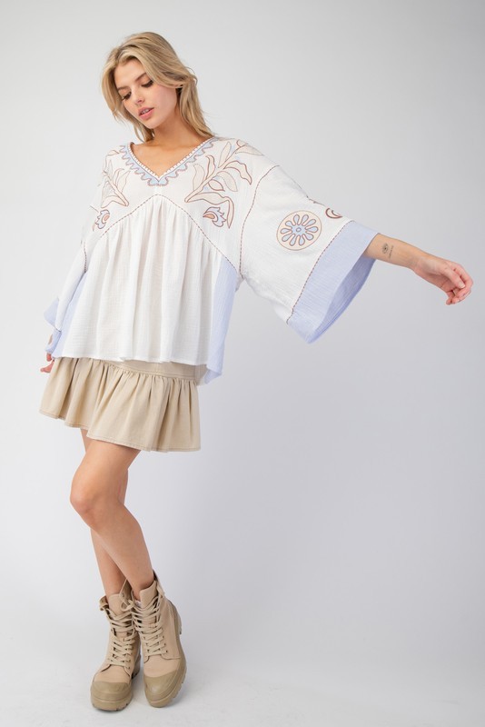 Women's Elegant V-Neck Patchwork Flared Sleeve Colorblock Loose Top