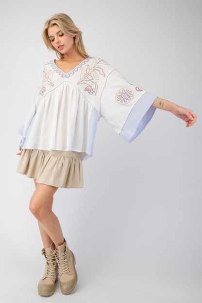 Women's Elegant V-Neck Patchwork Flared Sleeve Colorblock Loose Top