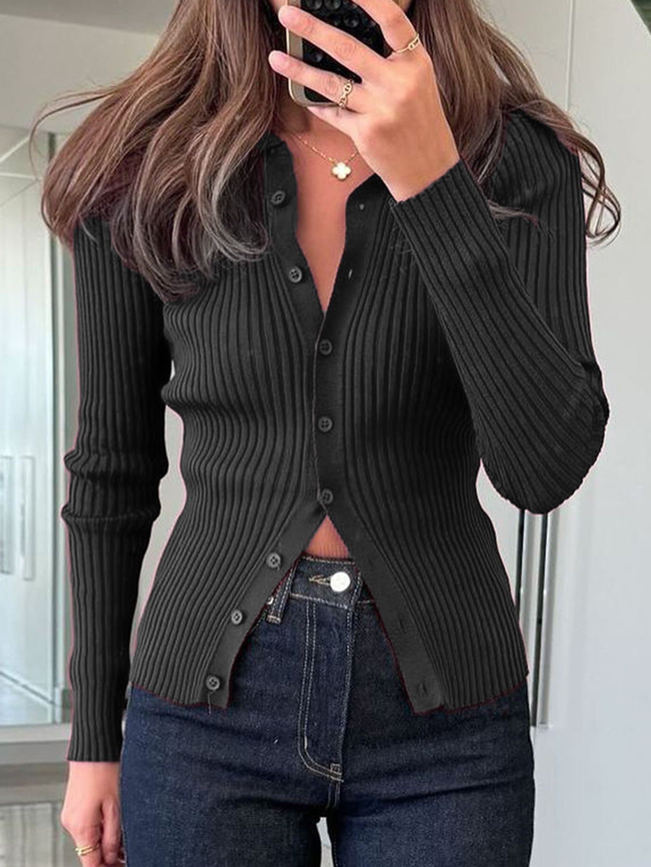 Women's Elegant Solid Color Long Sleeve Knitted Stretch Shirt