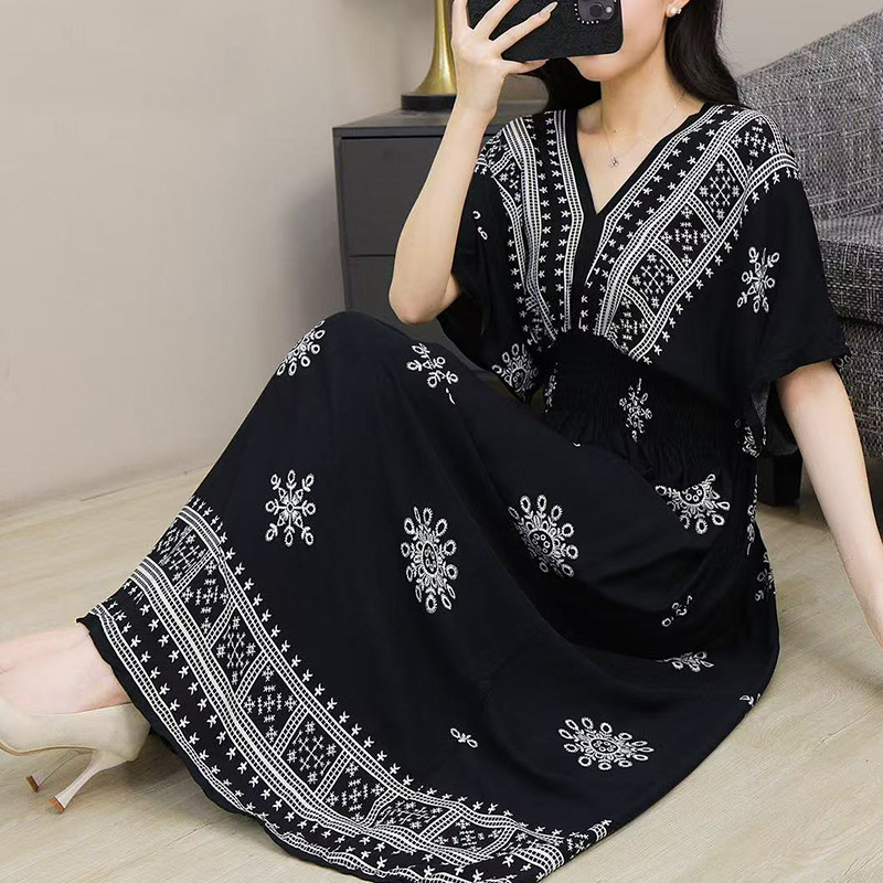 Women's Cotton Rayon Short-Sleeve French-Thai Style Printed Vacation Dress