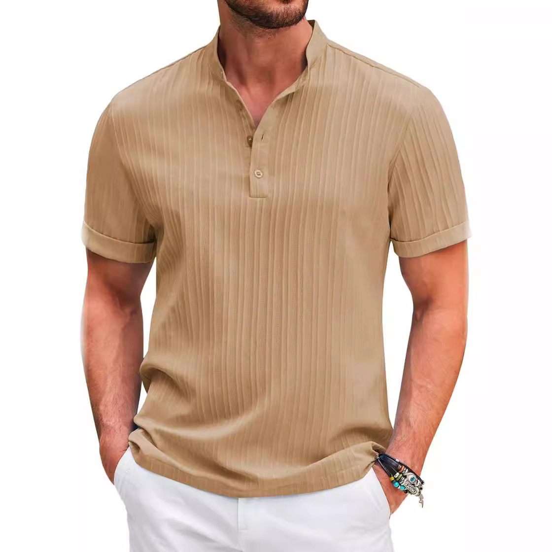 Men's Vintage Casual Loose Fit Stand Collar Cotton-Linen Striped Henley Shirt