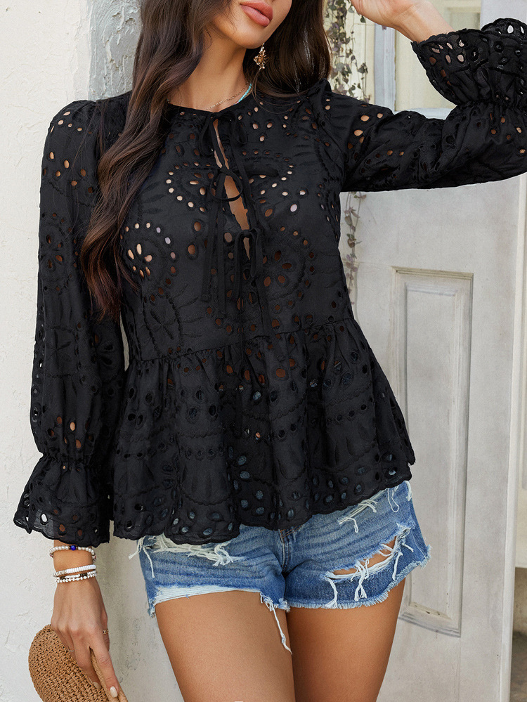 Elegant Loose Lace-Up Cardigan Solid Color Hollow-Out Women's Blouse