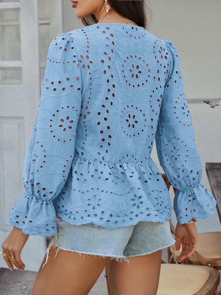Elegant Loose Lace-Up Cardigan Solid Color Hollow-Out Women's Blouse