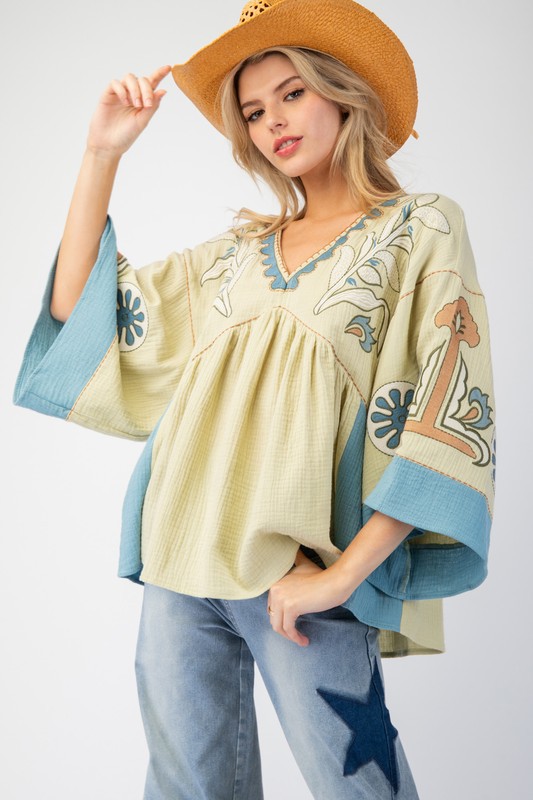 Women's Elegant V-Neck Patchwork Flared Sleeve Colorblock Loose Top