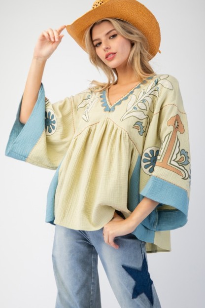Women's Elegant V-Neck Patchwork Flared Sleeve Colorblock Loose Top