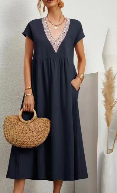 New Solid Color Lace-Trimmed V-Neck Sleeveless Cotton-Linen Pocket Dress