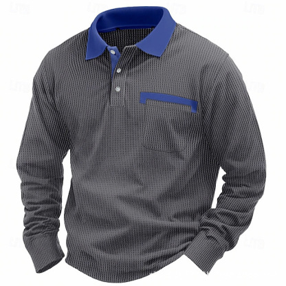 Men's American Retro Loose-Fit Long Sleeve Top – Solid Color Patchwork, Polyester Blend, Casual Daily Wear for Spring & Autumn