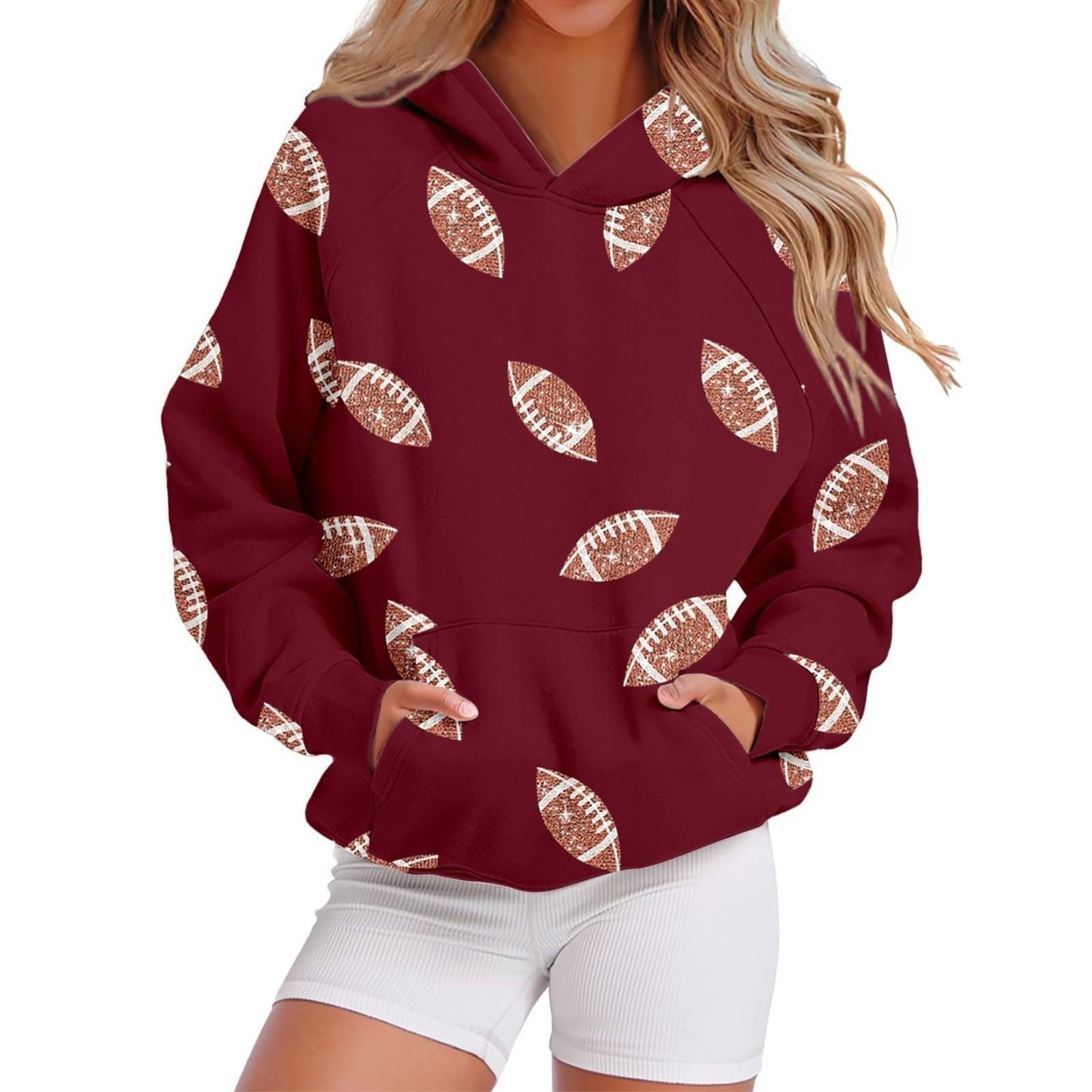 Women’s Sequin Football Hoodie – Long Sleeve Pullover with Pockets, Game Day Graphic Sweatshirt