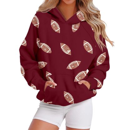 Women’s Sequin Football Hoodie – Long Sleeve Pullover with Pockets, Game Day Graphic Sweatshirt