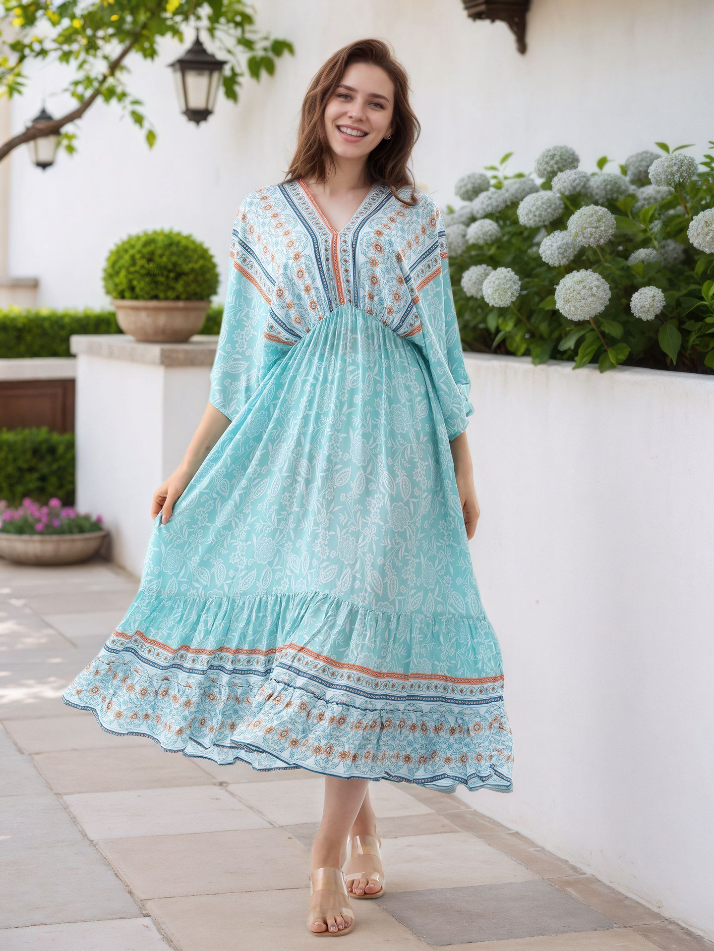 Women's Elegant Loose Cotton Floral Print Dress-One Size