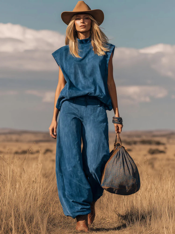 2026 New Western-Style Sleeveless Suede Wide-Leg Tapered Set