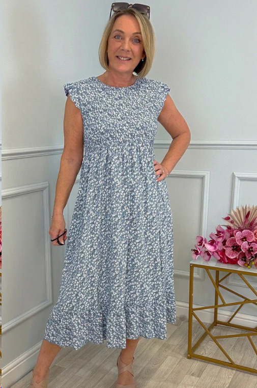 Women's Elegant Floral Print High-Waisted Ruffle Cap Sleeve Cotton  Dress