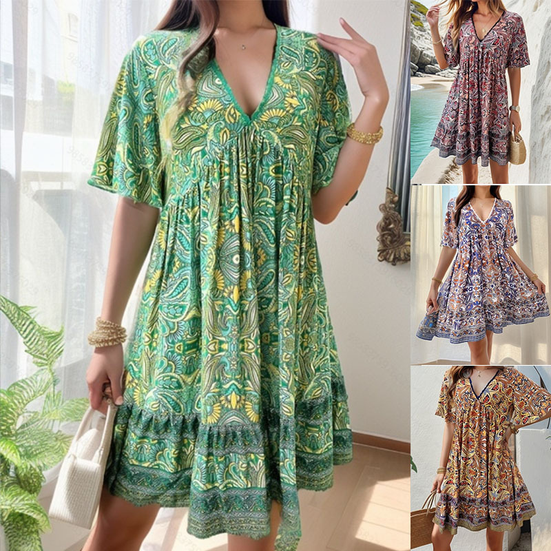 Women's Bohemian Contrast Print V-Neck Short Sleeve Dress
