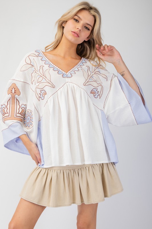 Women's Elegant V-Neck Patchwork Flared Sleeve Colorblock Loose Top