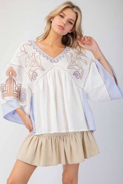 Women's Elegant V-Neck Patchwork Flared Sleeve Colorblock Loose Top