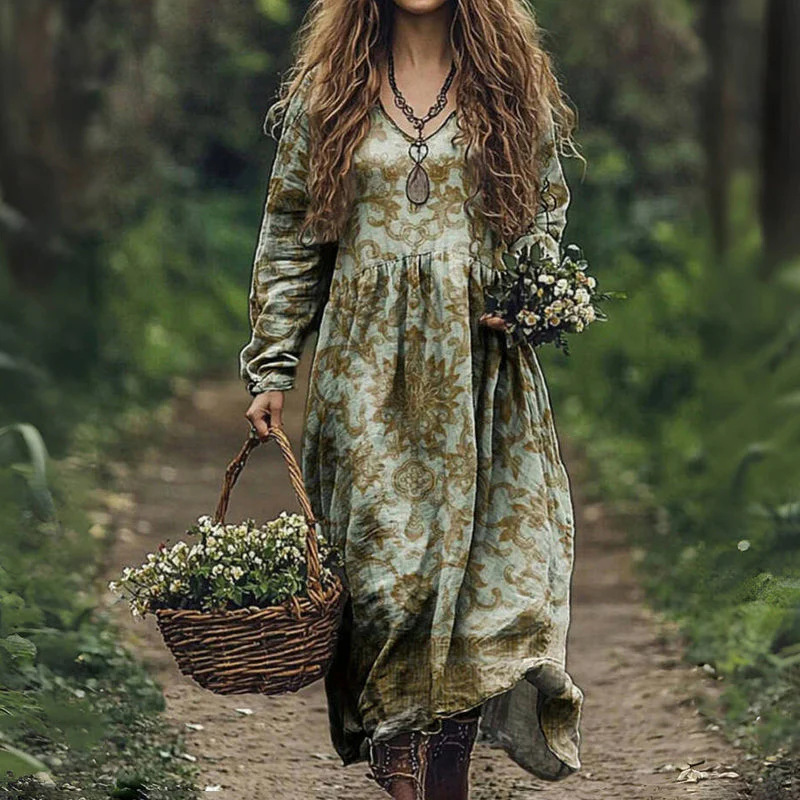 Vintage Floral Embroidery Women's Cotton Long Dress