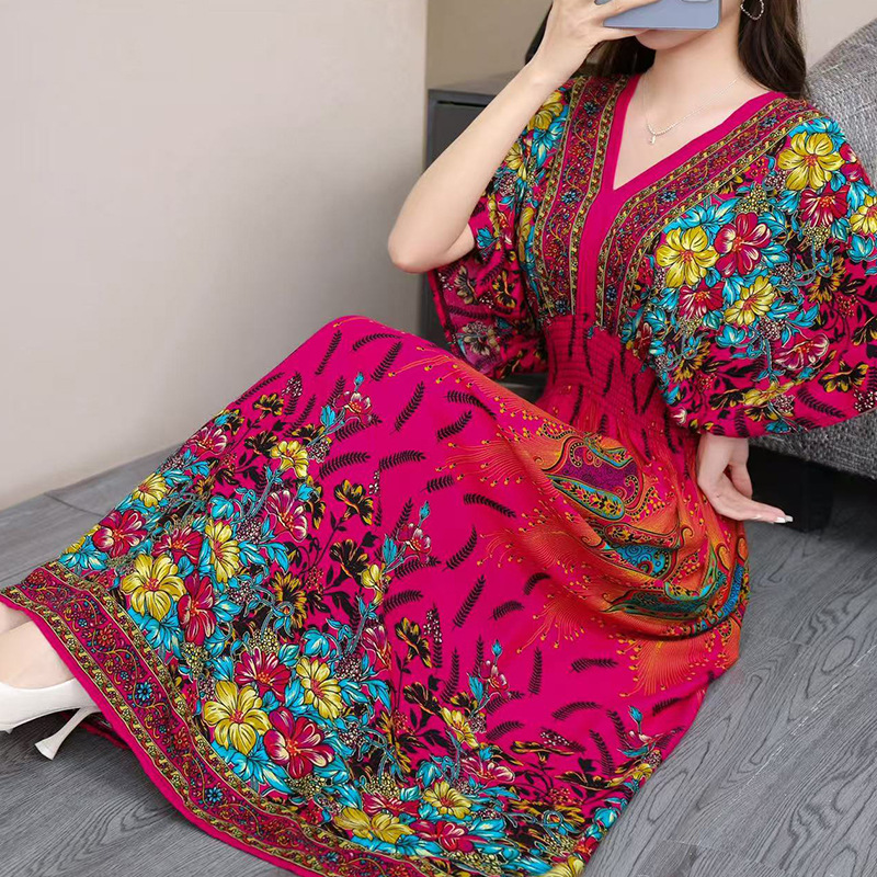 Women's Cotton Rayon Short-Sleeve French-Thai Style Printed Vacation Dress