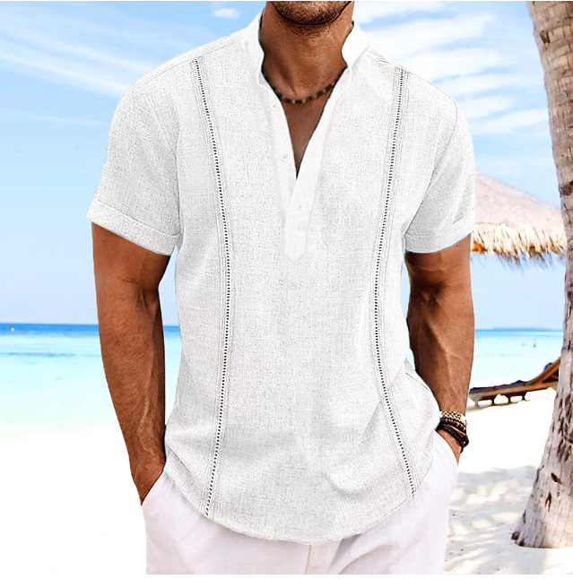 Men’s Fashion Stand-Collar Cotton–Linen Solid-Patch Shirt