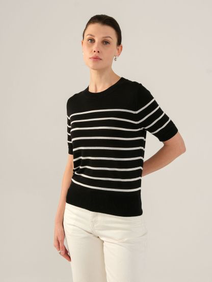 Women's Classic Striped Crew Neck Pullover Tencel Knit Top
