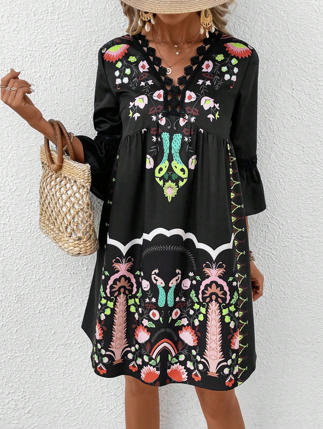 Women’s Elegant Bohemian Art Print Dress with Flared Sleeves