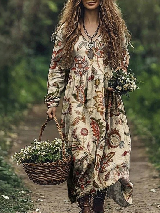 Vintage Floral Embroidery Women's Cotton Long Dress