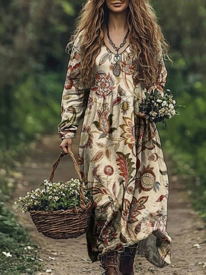 Vintage Floral Embroidery Women's Cotton Long Dress