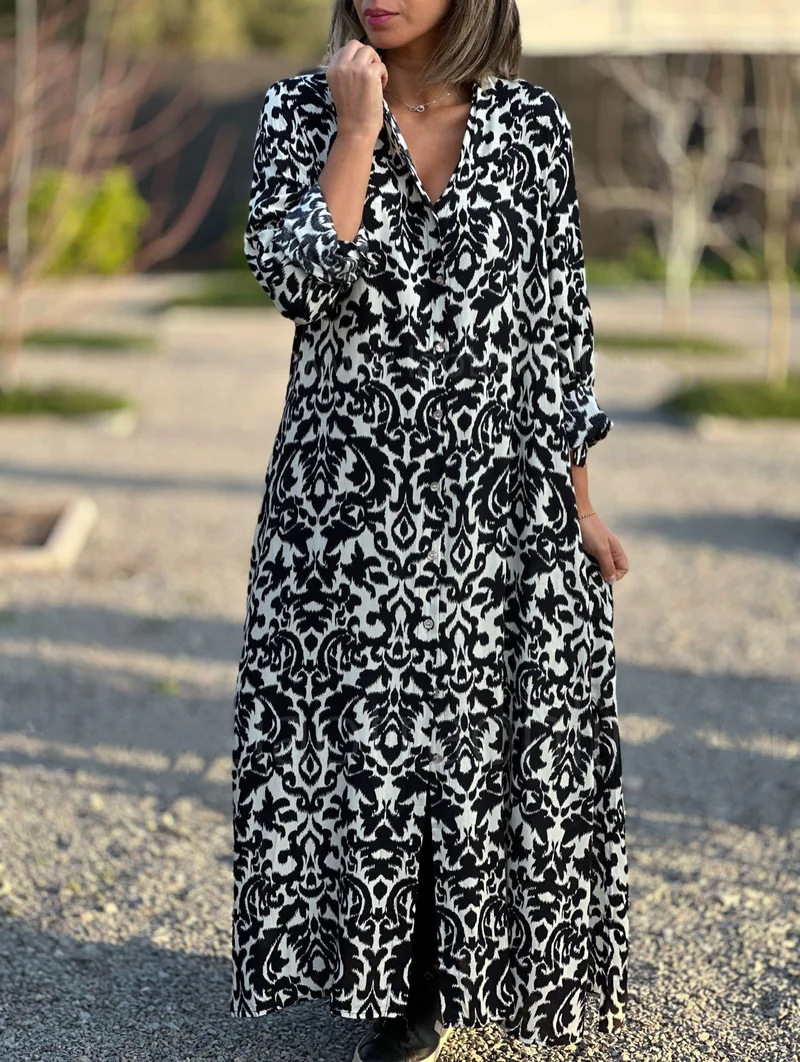 Women's Elegant Shirt Dress with Abstract Art Print